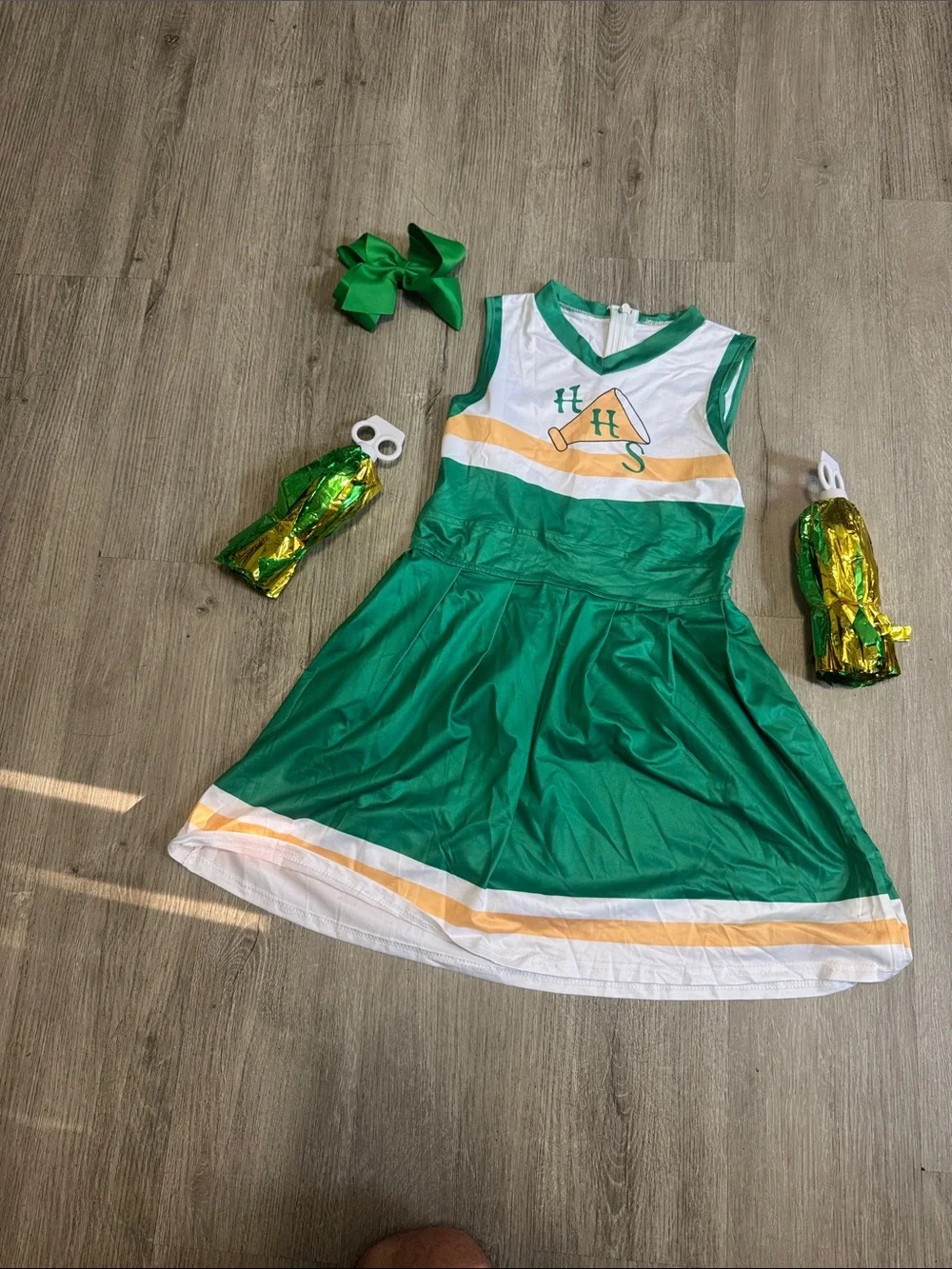 Green Cheerleader Costume Dress with Pom-Poms and Bow - Kids